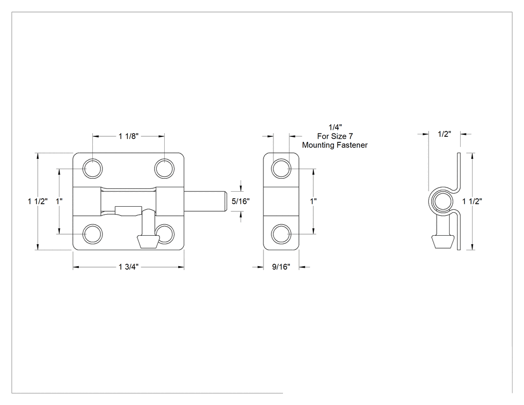Teknik Çizim - Kaldır-Bırak Namlu Kayar Cıvata Mandalı, Pirinç Kaplamalı Çelik, 1-3/4" Genişlik x 1-1/2" Yükseklik