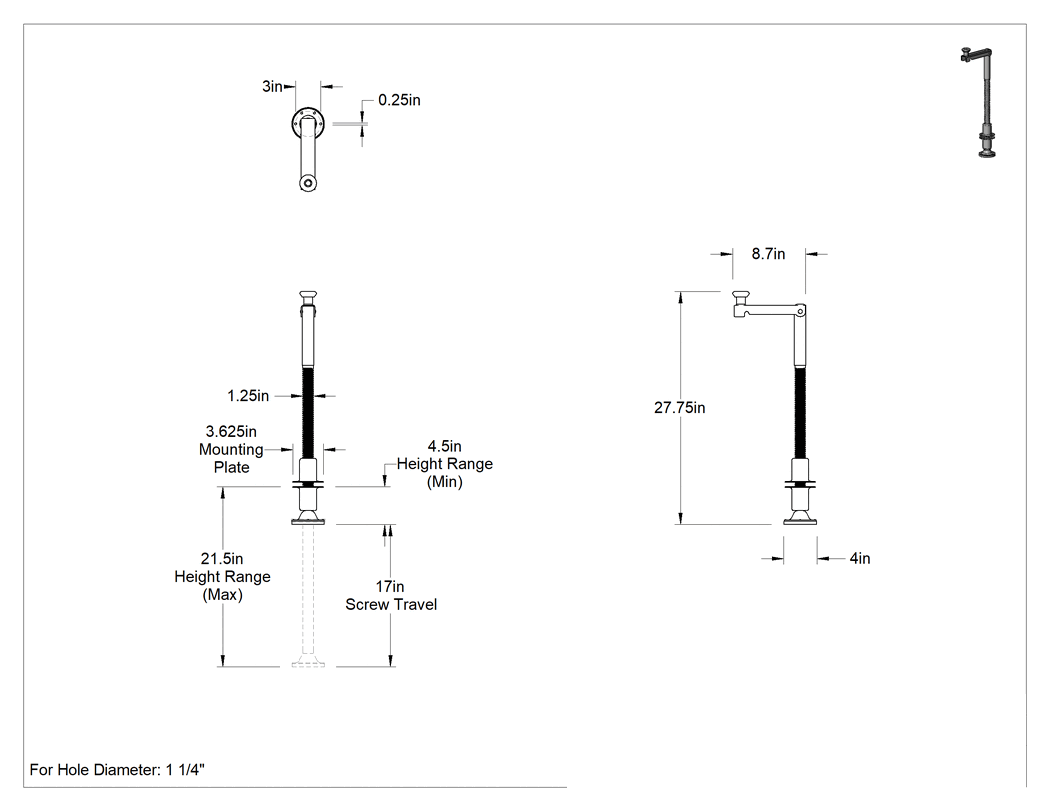 Teknik Çizim - Seviyeleme Krikosu, Delikli Montajlı Yuvarlak Plaka, 4-1/2" ila 21-1/2" Yükseklik