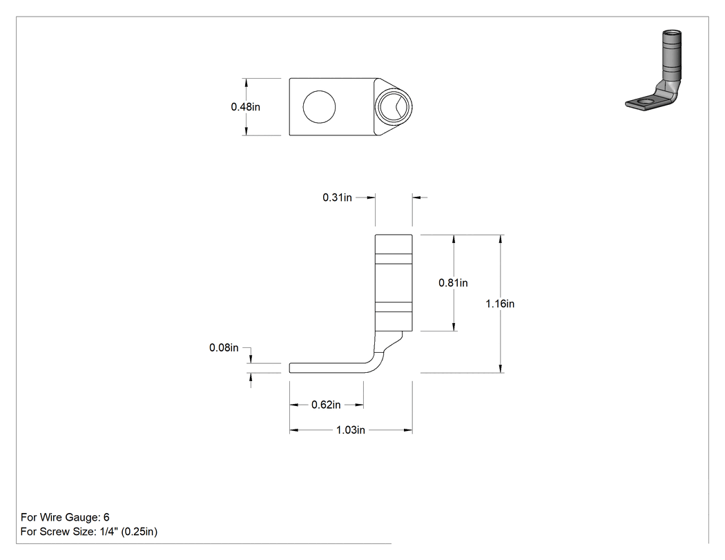 Teknik Çizim - Kalay Kaplı Bakır Sıkıştırma Pabucu, 1 Delikli, 90 Derece Dirsek, Tek Sıkma, 6 AWG için