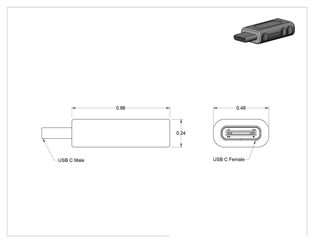 Teknik Çizim - USB Adaptörü, USB C Erkek x USB C Dişi