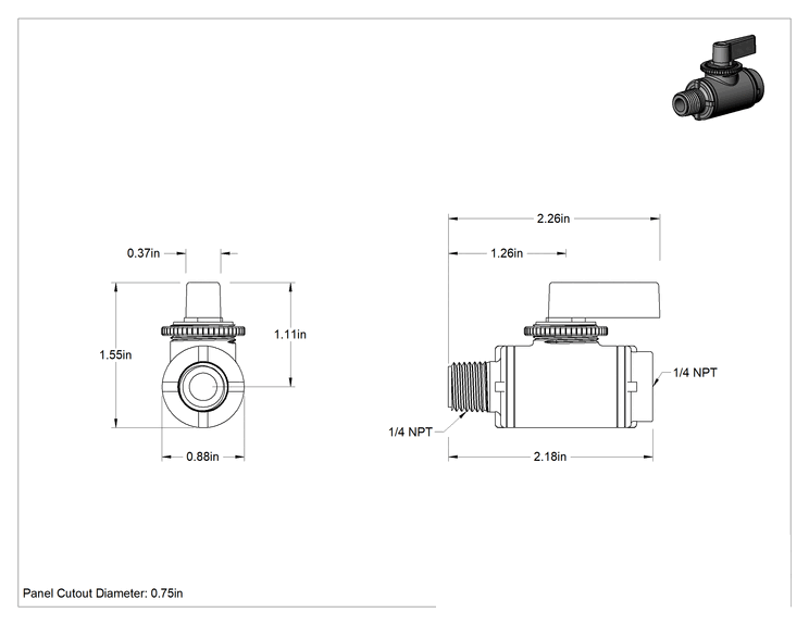 Teknik Çizim - Panele Monte Dişli Açma/Kapama Vanası, İçme Suyu için, PVC Gövde, 1/4 NPT Dişi x Erkek