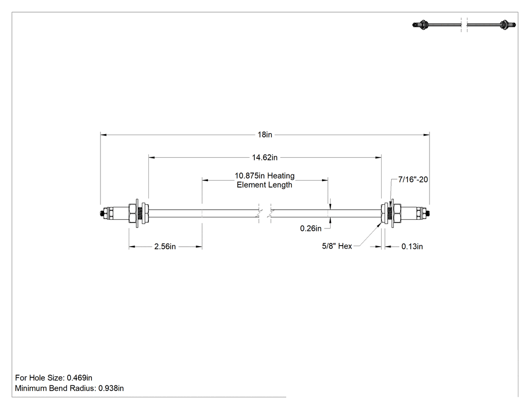 Teknik Çizim - Bağlantı Parçaları ile Bükülüp Sabit Kalan Daldırma Isıtıcı, 120V AC, Tek Faz, 17/64" Çap, 250W