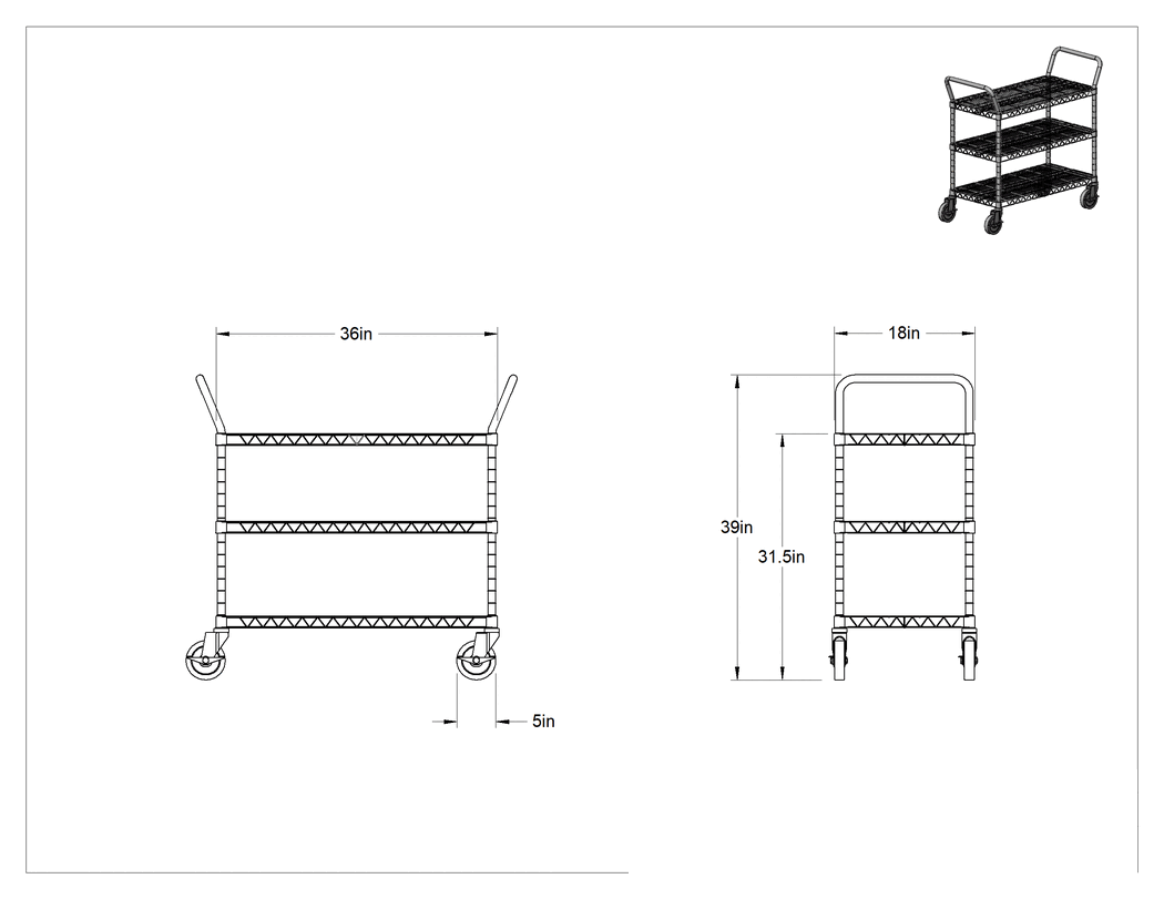 Teknik Çizim - Gıda ve İçecek Paslanmaz Çelik Arabası, 4 adet Döner Yıkanabilir Tekerlek ve İki adet 36" x 18" Raflı