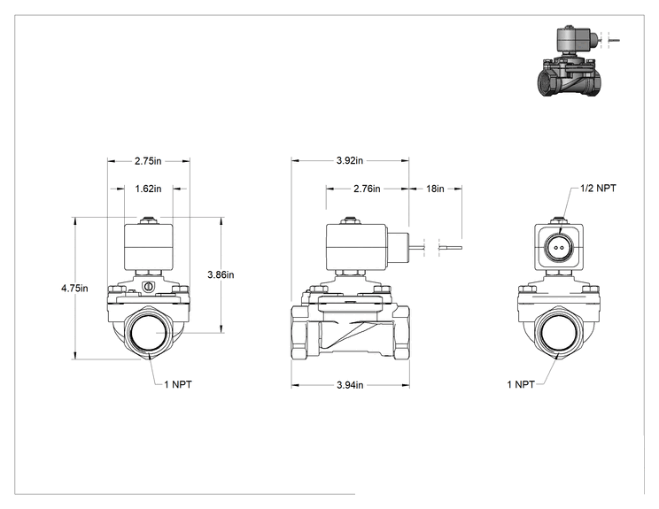 Teknik Çizim - Su Darbesi Önleyici Solenoid Açma/Kapama Vanası, Normalde Kapalı, 24V DC, 1 NPT Dişi