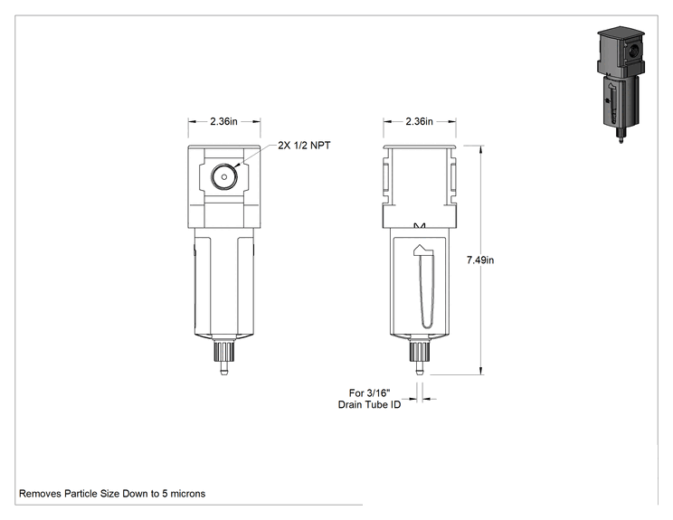 Teknik Çizim - Parker P32 Hava Filtresi, Manuel, 1/2 NPT Dişi