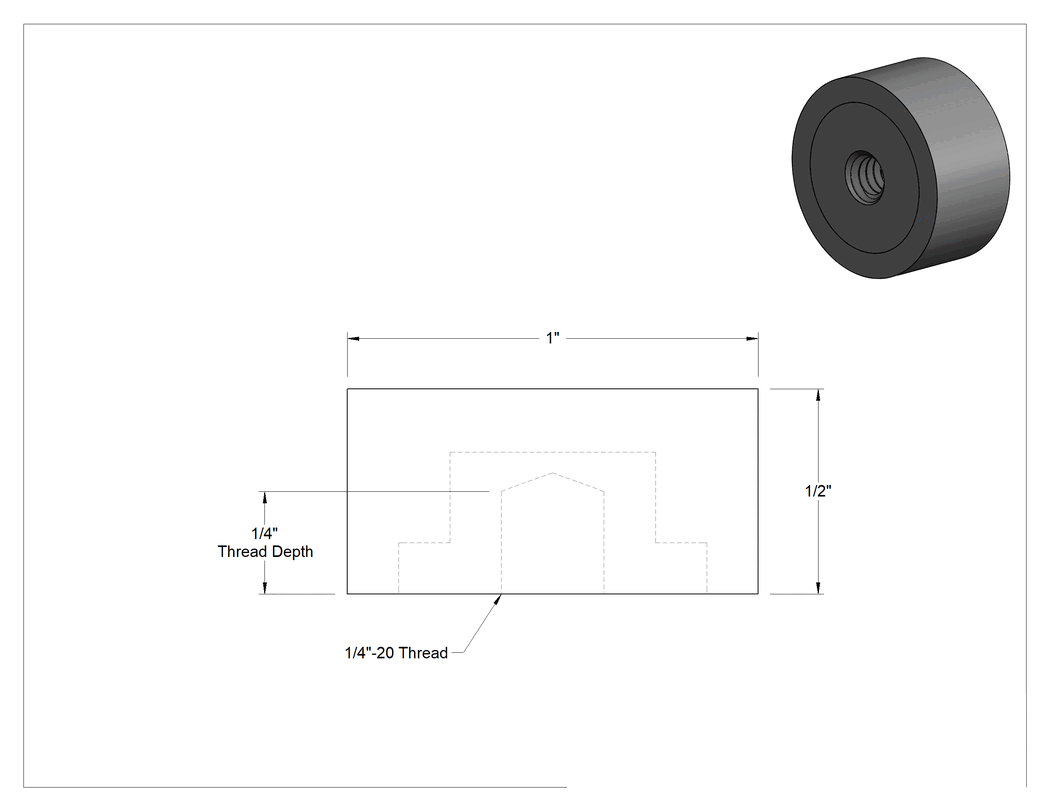 Teknik Çizim - Yük Kapasiteli Güçlendirilmiş Dişli Tampon, Paslanmaz Çelik Plakalı Doğal Kauçuk, 1/4"-20 Delik, 200 lbs. Maksimum