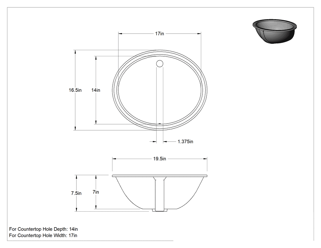 Teknik Çizim - Beyaz Porselen Tezgah Üstü Evye, 19-1/2" Genişlik x 16-1/2" Derinlik x 7-1/2" Yükseklik Toplam