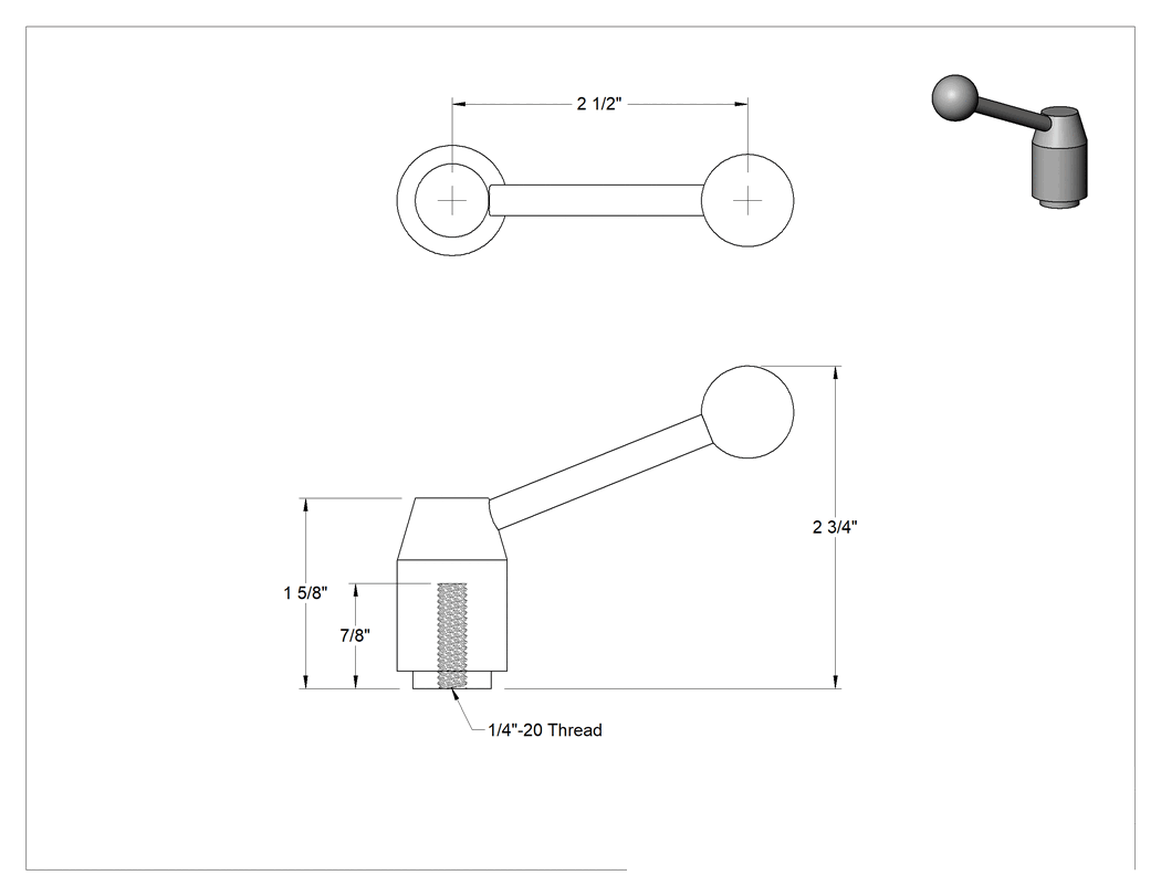 Teknik Çizim - Çelik Ayarlanabilir Tutamak, 1/4"-20 Dişli Delikli, 2-3/4" Çıkıntı