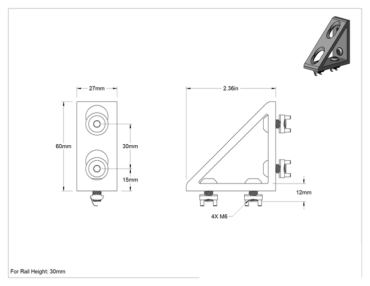 Teknik Çizim - T-Yivli Çerçeve, 30 mm Yüksekliğinde Ray için Açık Köşebent Braketi, 2-3/8" Uzunluk