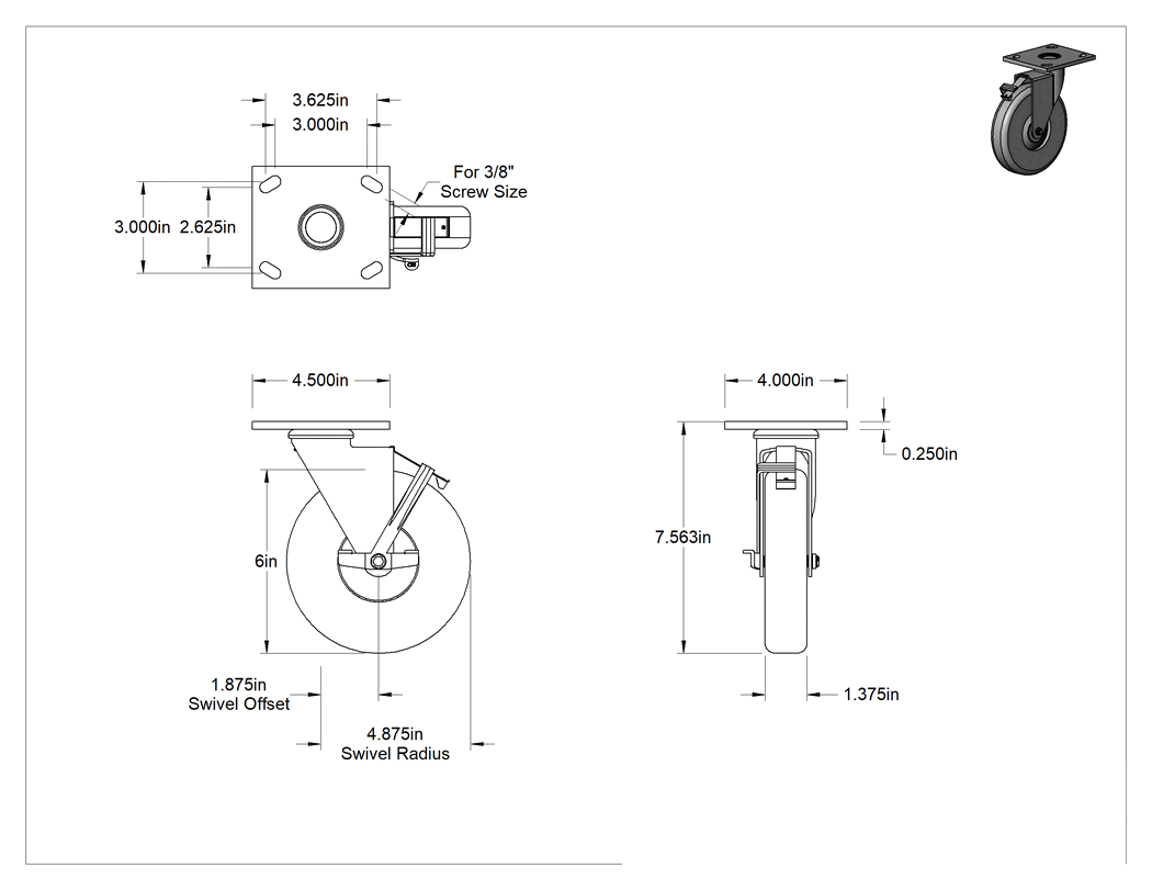 Teknik Çizim - 4-1/2" x 4" Plakalı Parlak Yüzeyli Tekerlek, Frenli Döner Ayak ve 6 inç Çapında Kauçuk Tekerlek