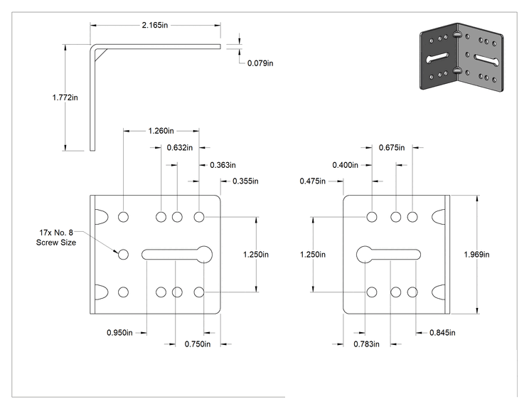 Teknik Çizim - Köşe Braketi, Nikel Kaplı Çelik, 1-3/4" x 2-3/16" x 2"