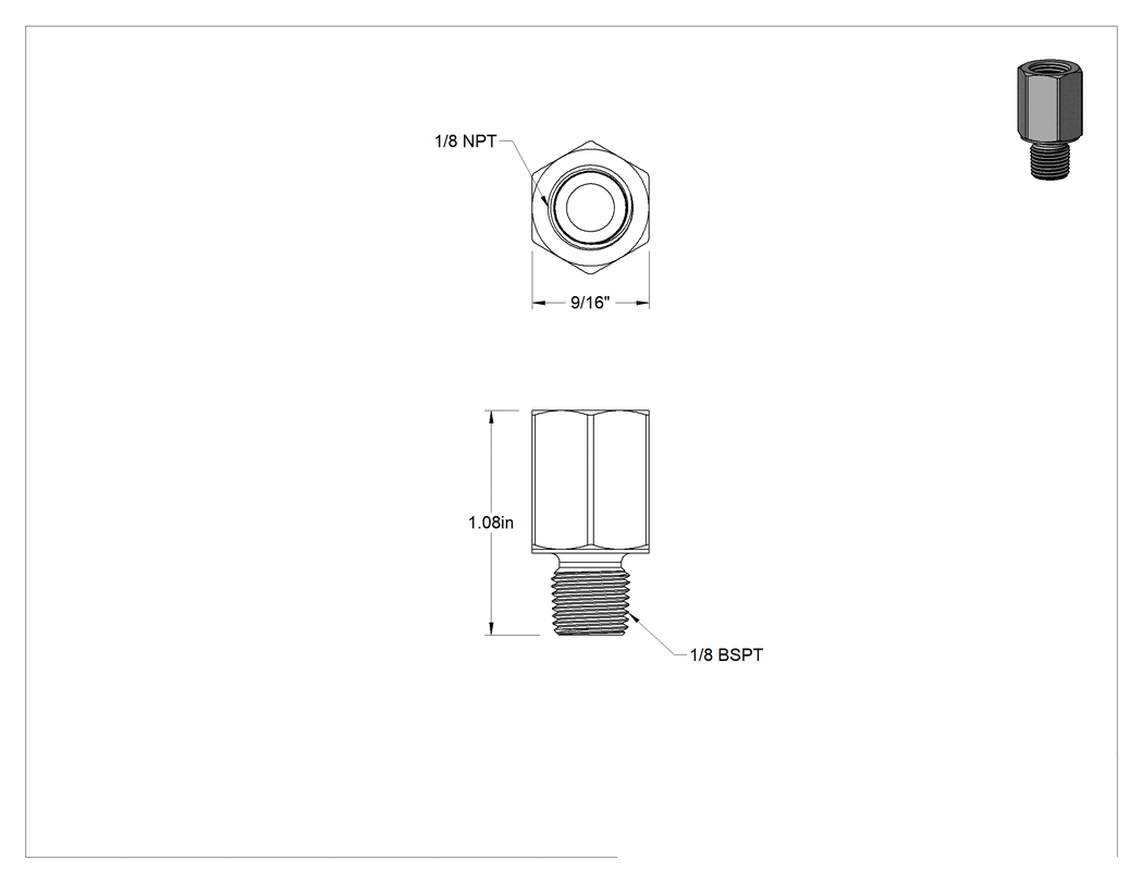 Teknik Çizim - Yüksek Basınçlı Pirinç Boru Bağlantı Elemanı, Düz Adaptör, 1/8 NPTF Dişi x 1/8 BSPT Erkek