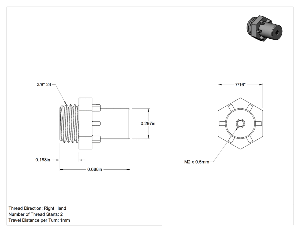 Teknik Çizim - Hızlı Hareketli Ultra Hassas Kılavuz Vida için M2 x 0.5 mm Dış Dişli Somun