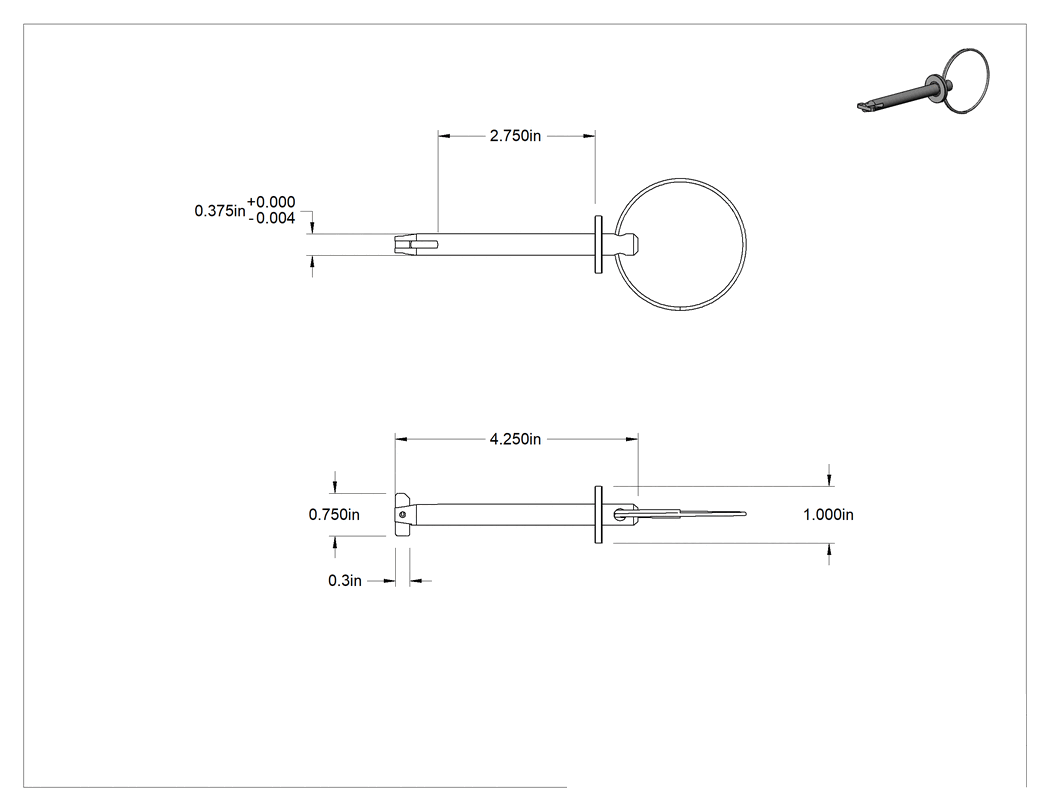 Teknik Çizim - Toggle'lı Çatal Pimi, Halka Tutucu, 18-8 Paslanmaz Çelik, 3/8" Çap, 2-3/4" Kullanılabilir Uzunluk