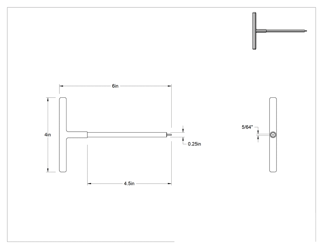 Teknik Çizim - Paslanmaz Çelik T-Saplı Altıgen Anahtar, Yastıklı Tutamak, 2 mm Tahrik Boyutu, 6" Toplam Uzunluk