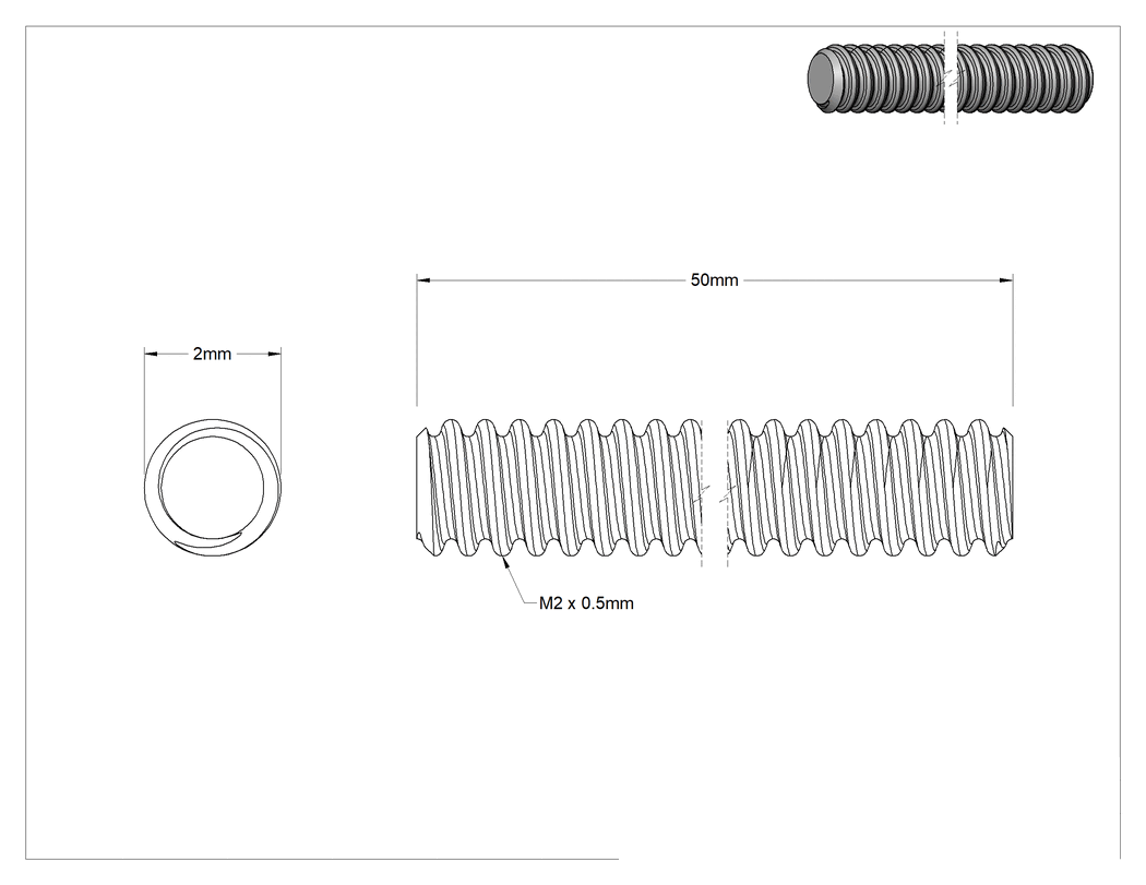 Teknik Çizim - Kılavuz Vida, Ultra Hassas, 303 Paslanmaz Çelik, M2 x 0.5 mm Diş, 50 mm Uzunluk