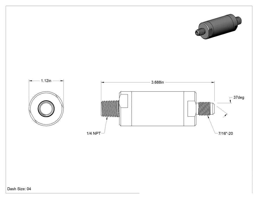 Teknik Çizim - Floroelastomer Pistonlu 316 Paslanmaz Çelik Çekvalf, Yaylı, 1/4 NPT Erkek x 7/16"-20 UN/UNF (JIC)
