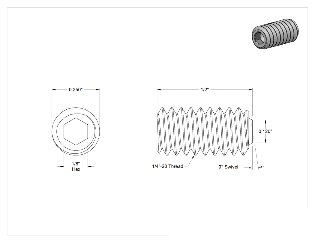 Teknik Çizim - Dar Boşluklu 18-8 Paslanmaz Çelik Döner Uçlu Setskur, 1/4"-20 Diş, 1/2" Uzunluk