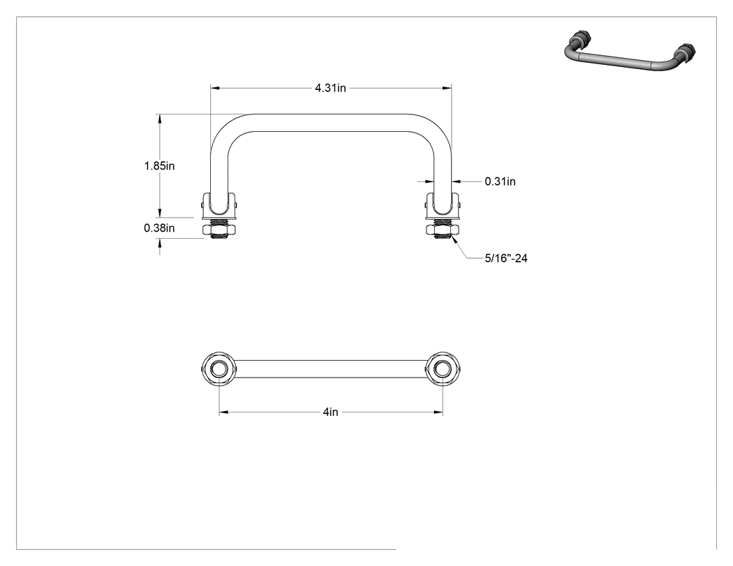 Teknik Çizim - Dişli Saplı Katlanır Çekme Kolu, Eloksallı Alüminyum, 4" Merkezden Merkeze Genişlik
