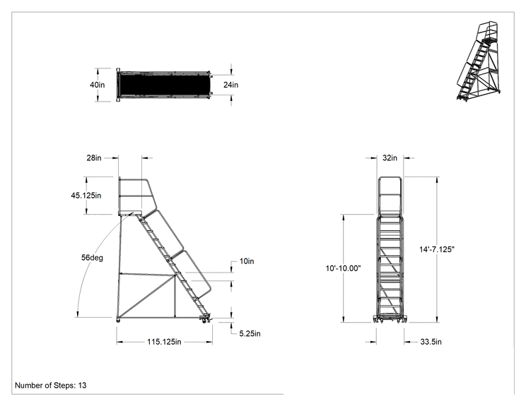 Teknik Çizim - Montajlanmamış Tırtıklı Platformlu Tekerlekli Merdiven, 13 kademeli, 10'10" Yükseklik x 28" Derinlik Platform, 40" Toplam Genişlik