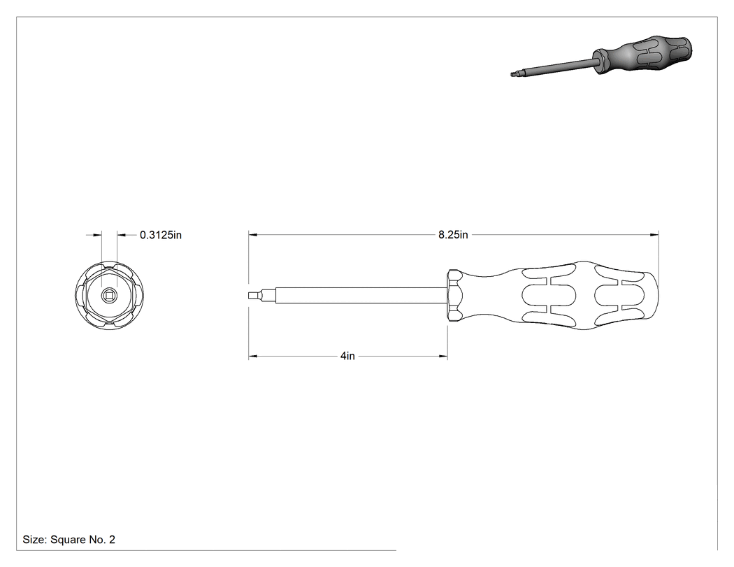 Teknik Çizim - Elektrik Yalıtımlı Tornavida, 2 Numara Kare, 4" Uzunluk x 5/16" Genişlik Mil