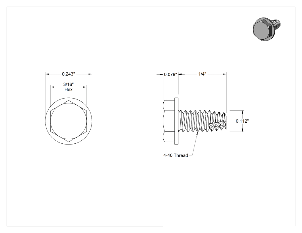 Teknik Çizim - Çelik Flanşlı Altıköşe Başlı Diş Açma Vidası, Çinko Kaplamalı, 4-40 Diş Boyutu, 1/4" Uzunluk