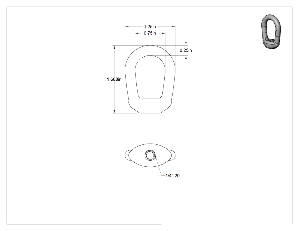 Teknik Çizim - 316 Paslanmaz Çelik Oval Halkalı Somun - Kaldırma için, 1/4"-20 Diş Boyutu
