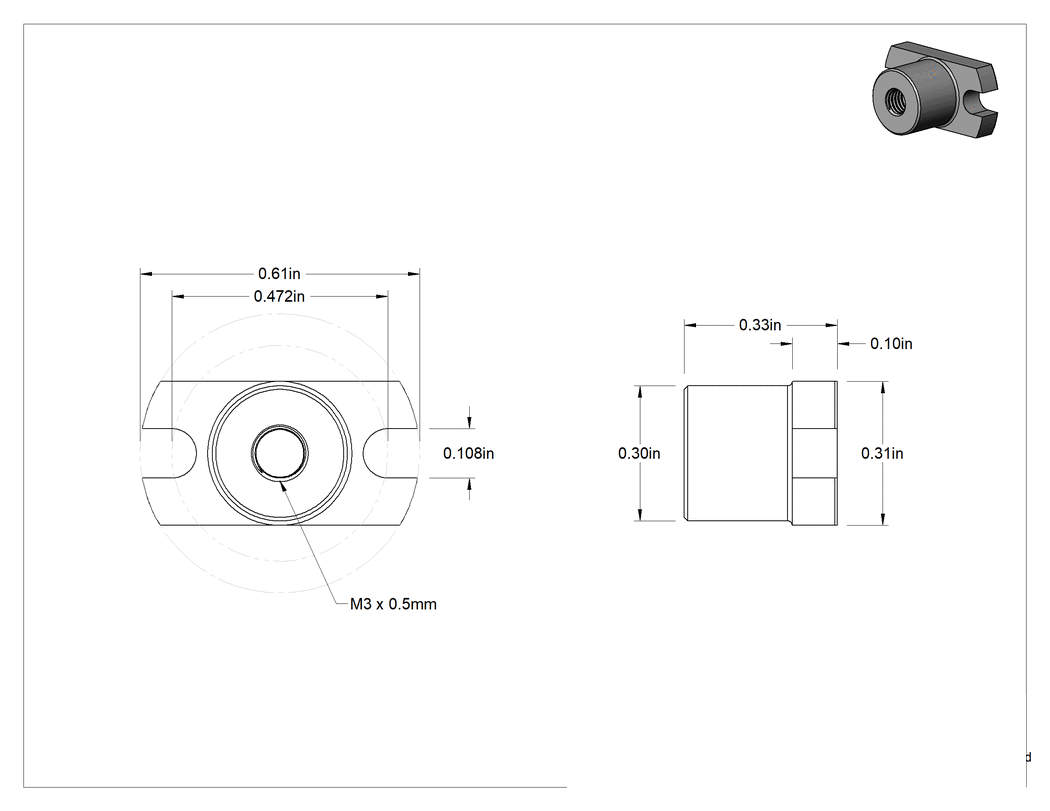 Teknik Çizim - Ultra Hassas Kılavuz Vida için M3 x 0.5 mm Diş Boyutuna Sahip PEEK Flanşlı Somun