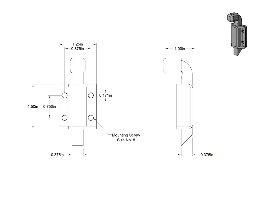 Teknik Çizim - Yaylı Kayar Cıvata Mandalı, Topuzlu Çekme, 304 Paslanmaz Çelik, 1-1/2" Yükseklik x 1-1/4" Genişlik