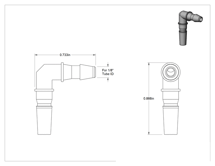 Teknik Çizim - Hava ve Su için Plastik Luer Lock Tüp Bağlantısı, 90 Derece Dirsek Tapaları, Naylon, 1/8" Boru İç Çapı için Tırnaklı