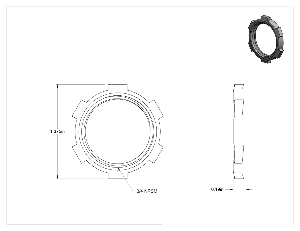 Teknik Çizim - Metal Kanal için 3/4 NPSM Alüminyum Kilit Somunu