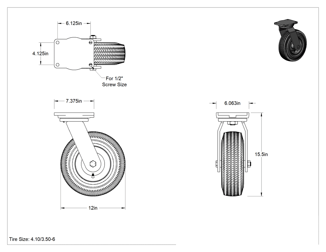 Teknik Çizim - Pnömatik Tekerlek, 12" Çaplı Siyah Kauçuk Tekerlekli ve 7-3/8" X6-1/16" Plakalı Döner