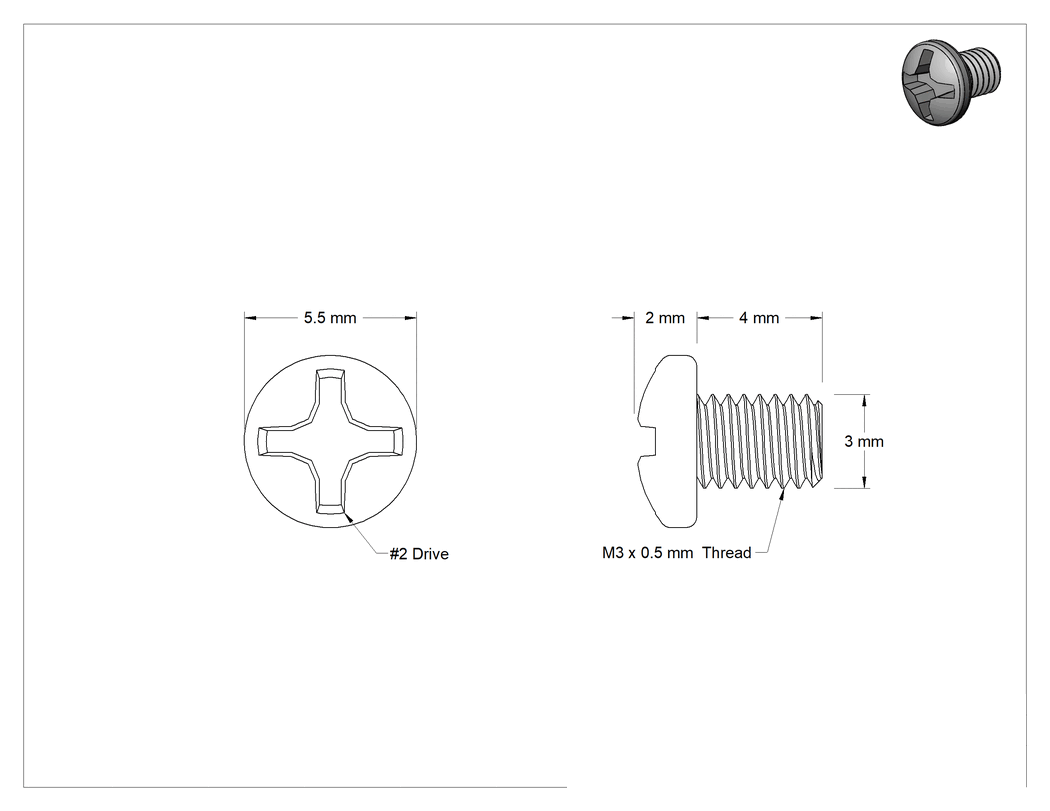 Teknik Çizim - JIS 18-8 Paslanmaz Çelik Silindir Başlı Vida, M3 x 0.5 mm Diş Boyutu, 4 mm Uzunluk