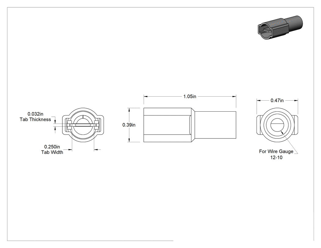 Teknik Çizim - Tam Yalıtımlı Faston Terminaller, Erkek, Tek Sıkma, 12-10 AWG için, 0.250" Tırnak Genişliği