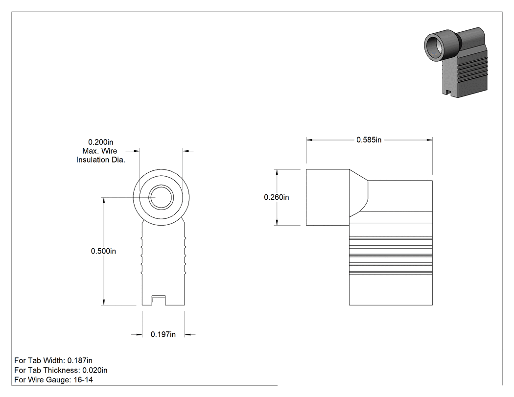 Teknik Çizim - Tamamen Yalıtımlı 90 Derece Bayraklı Faston Terminaller, Tek Sıkma, 16-14 AWG için, 0.187" Tırnak Genişliği