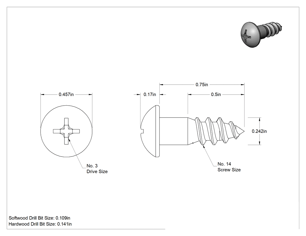 Teknik Çizim - Pirinç Phillips Dekoratif Yuvarlak Başlı Vidalar, Ahşap için, 14 Numaralı Boyut, 3/4" Uzunluk