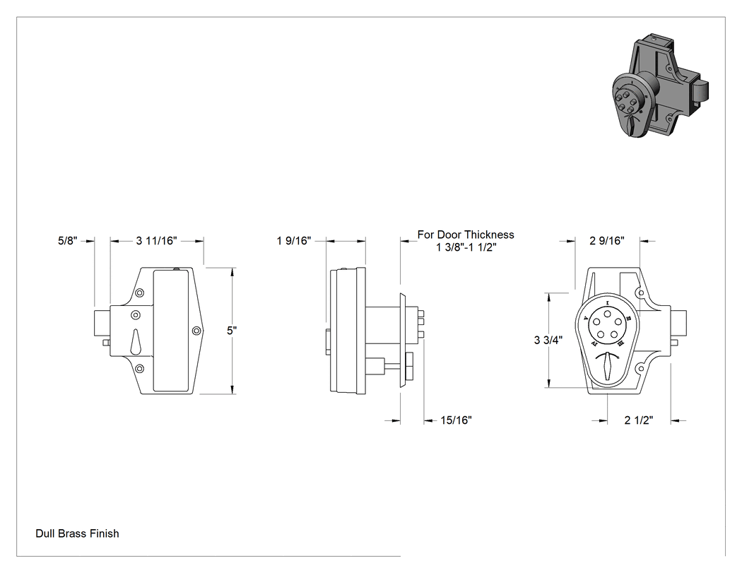 Teknik Çizim - Düğmeli Kombinasyonlı Sürgü Kapı Kilidi, 1-3/8" ila 1-1/2" kapı kalınlığı için, Kendinden Kilitlenen, Pirinç