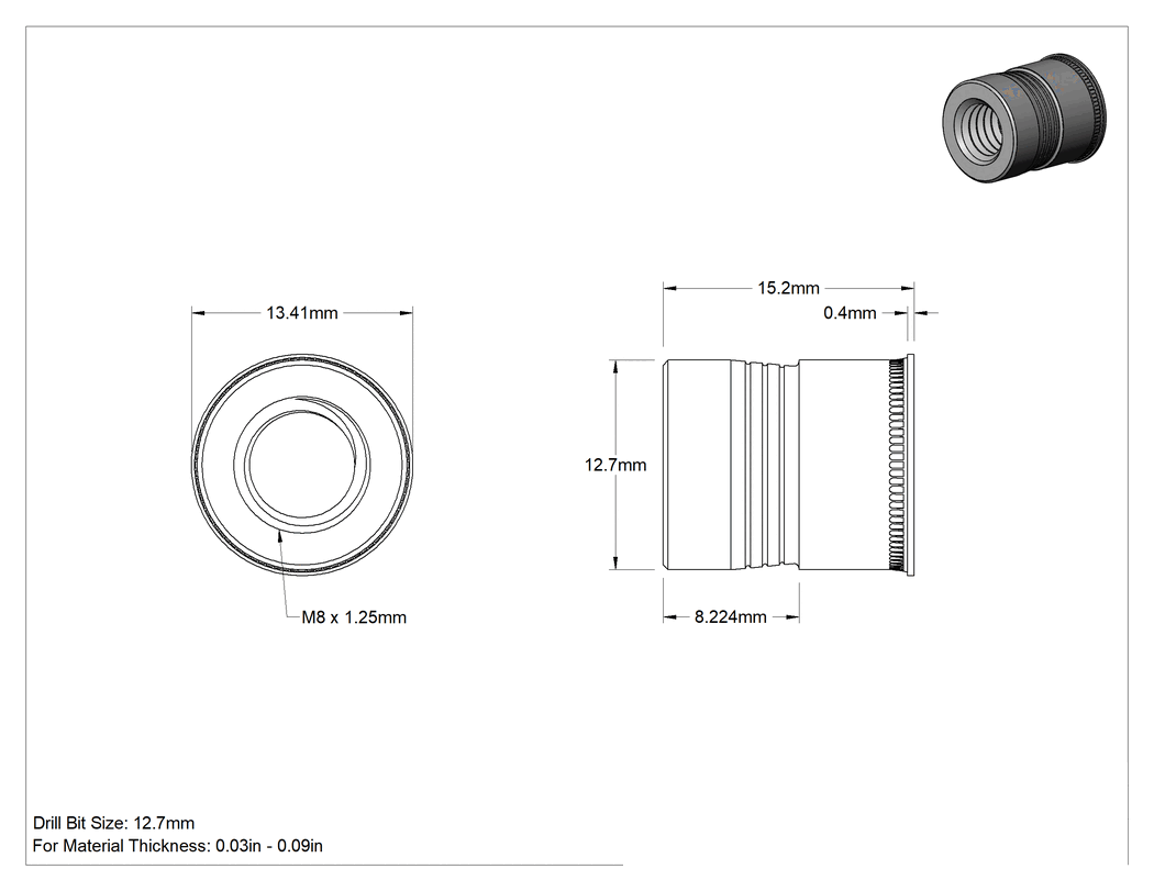 Teknik Çizim - Metrik Düşük Profilli Pop Somun, Kalay-Çinko Kaplı Alüminyum, M8x1.25 İç Diş, 15.2mm