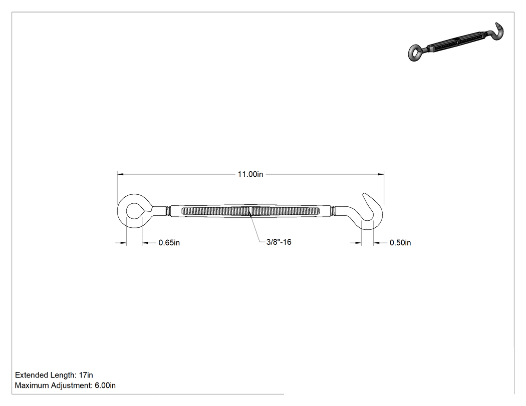 Teknik Çizim - 316 Paslanmaz Çelik Gerdirme - Kaldırma Amaçlı Değil, Kanca-Oval Göz, 700 lb. Kapasite, 11" Geri Çekilmiş Uzunluk