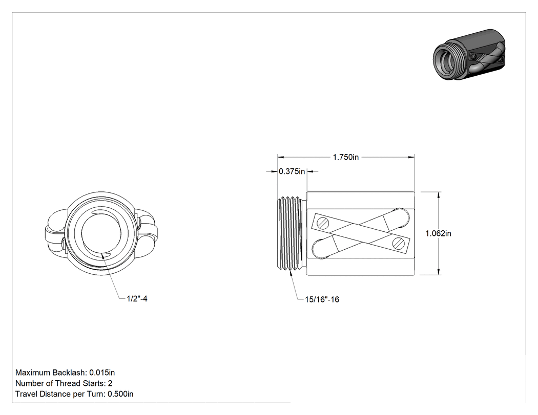 Teknik Çizim - Bilyalı Vida için 1/2"-4 Dış Dişli Hızlı Hareketli Somun