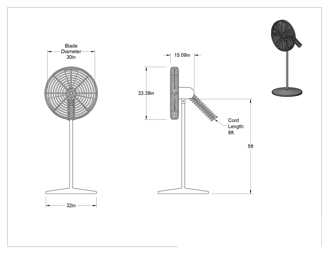 Teknik Çizim - Yıkanabilir Fan, Kaide, 120/230V AC, Üç Uçlu Fiş, 30" Bıçak Çapı