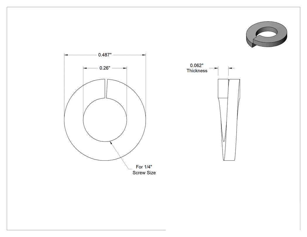 Teknik Çizim - Çelik Yaylı Pul, Çinko Pul Kaplı, 1/4" Vida Boyutu için, 0.260" İç Çap
