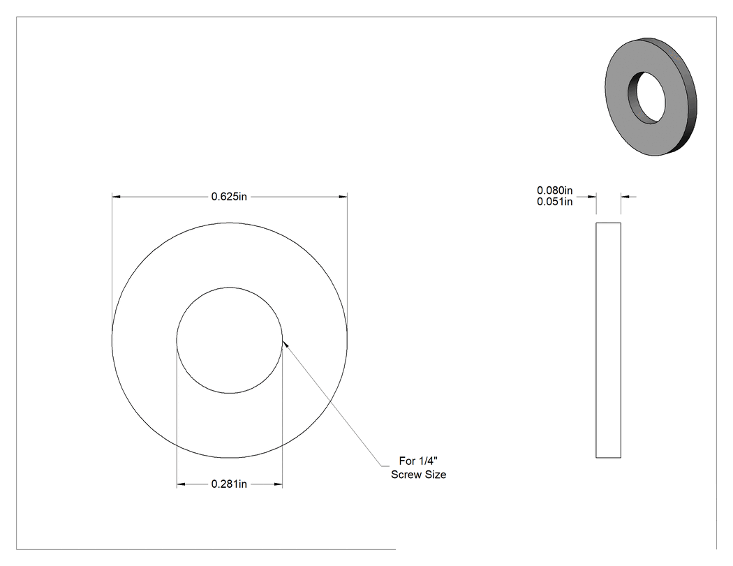 Teknik Çizim - Bakır SAE Pul, 1/4" Vida Boyutu için, 0.281" İç Çap, 0.625" Dış Çap