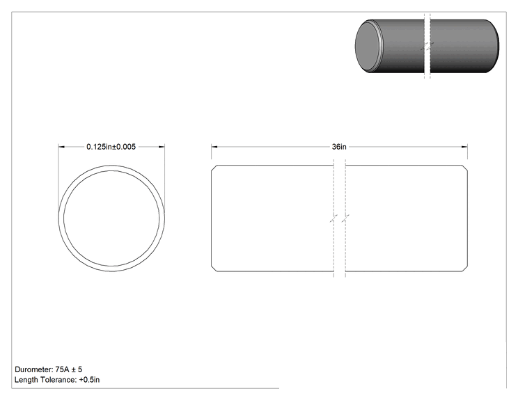 Teknik Çizim - Viton® Floroelastomer Kauçuk Çubuk, Kimyasal Dayanıklı, 36" Uzunluk, 1/8" Çap