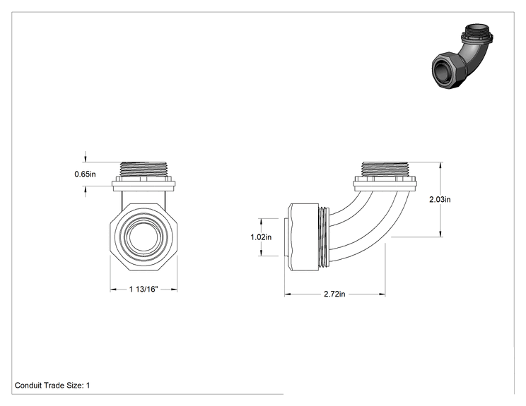 Teknik Çizim - Sıvı Sızdırmaz Esnek Metal Kanal Adaptörü, Kilit Somunlu, Çinko 90 Derece, 1 Standart Boyut Dişi x 1 NPT Erkek