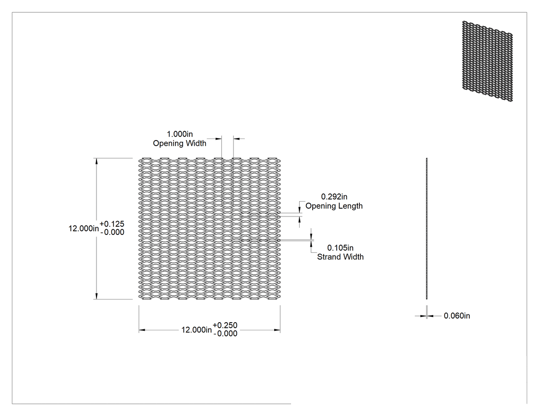 Teknik Çizim - Genişletilmiş Sac Panel, Düzleştirilmiş 3003 Alüminyum 12" X12" X0.06", 1" Genişlikte Açıklık