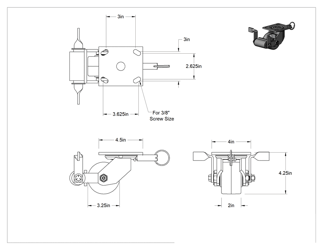 Teknik Çizim - 4-1/2" x 4" Plakalı Yüksek Kapasiteli Spartan Tekerlek, Kilitli Döner Ayak, 3-1/4" Çap Açık Rulmanlı Fenolik Tekerlek