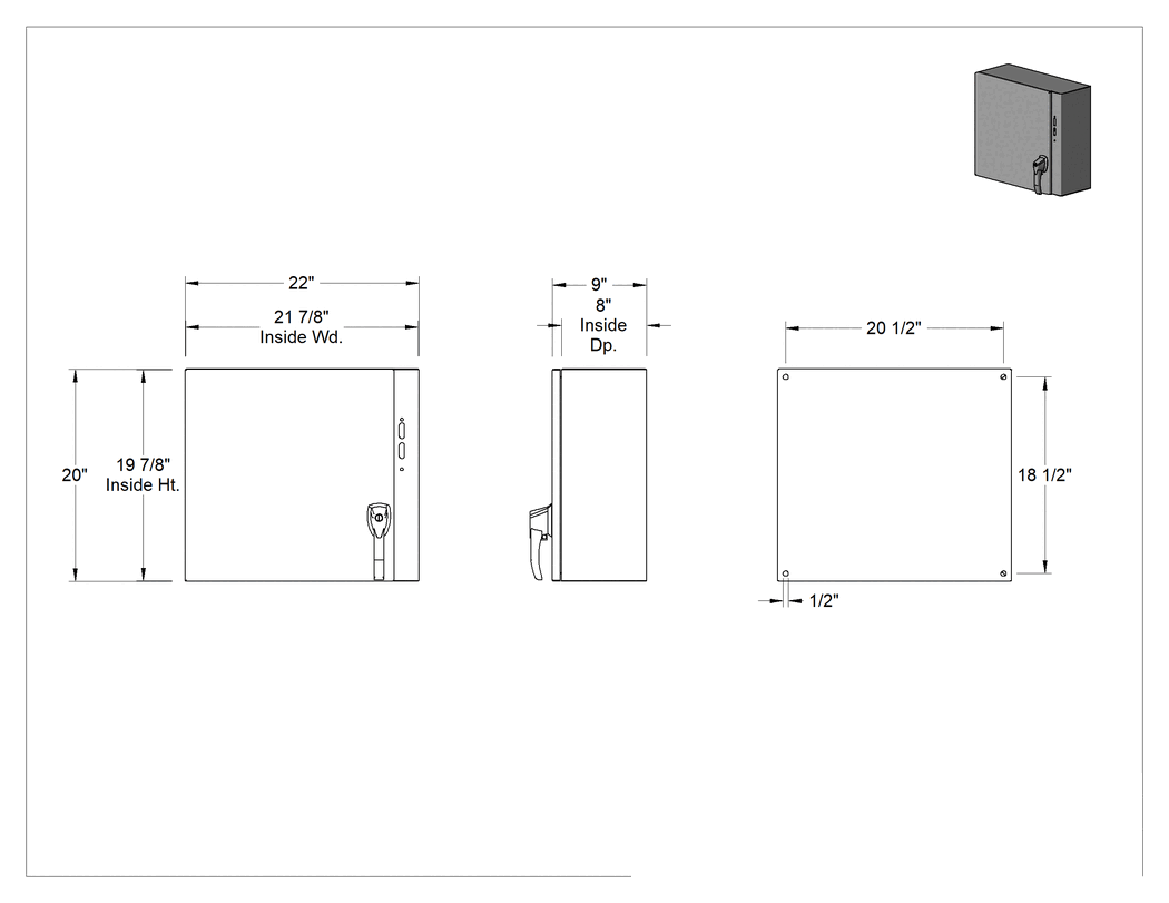 Teknik Çizim - Güvenlik Kilidi Muhafazası, Paslanmaz Çelik, 1 Kapı, 20 inç Yükseklik x 22 inç Genişlik x 9 inç Derinlik