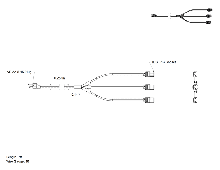 Teknik Çizim - Elektronik Ekipman Kablo Ayırıcı, NEMA 5-15 Fiş x Üç IEC C13 Priz, SJT, 7' Uzunluk