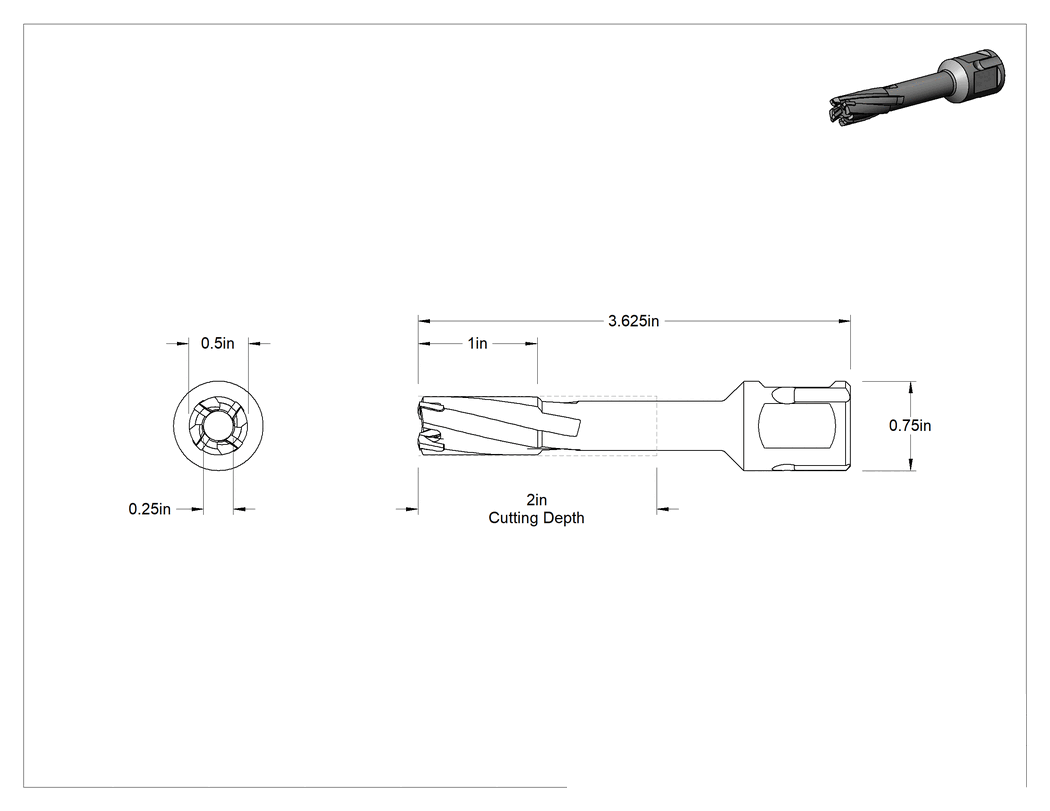 Teknik Çizim - Manyetik Tabanlı Matkaplar için İçi Boş Kesici, Karbür Uçlu Çelik, 2" Kesme Derinliği, 1/2" Çap